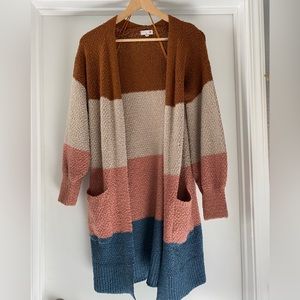 So, long, multi block color, knitted cardigan
